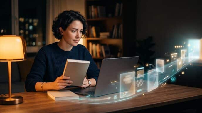 Indie author at a desk with a book and laptop as glowing recommendation signals suggest online book discovery.